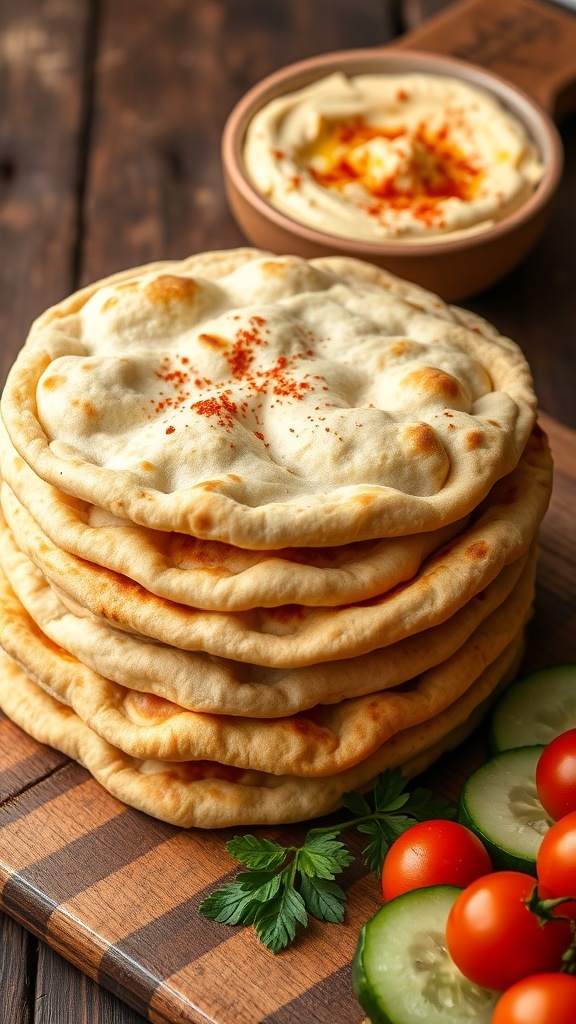 A stack of warm pita bread with a bowl of hummus and fresh vegetables on a wooden table.